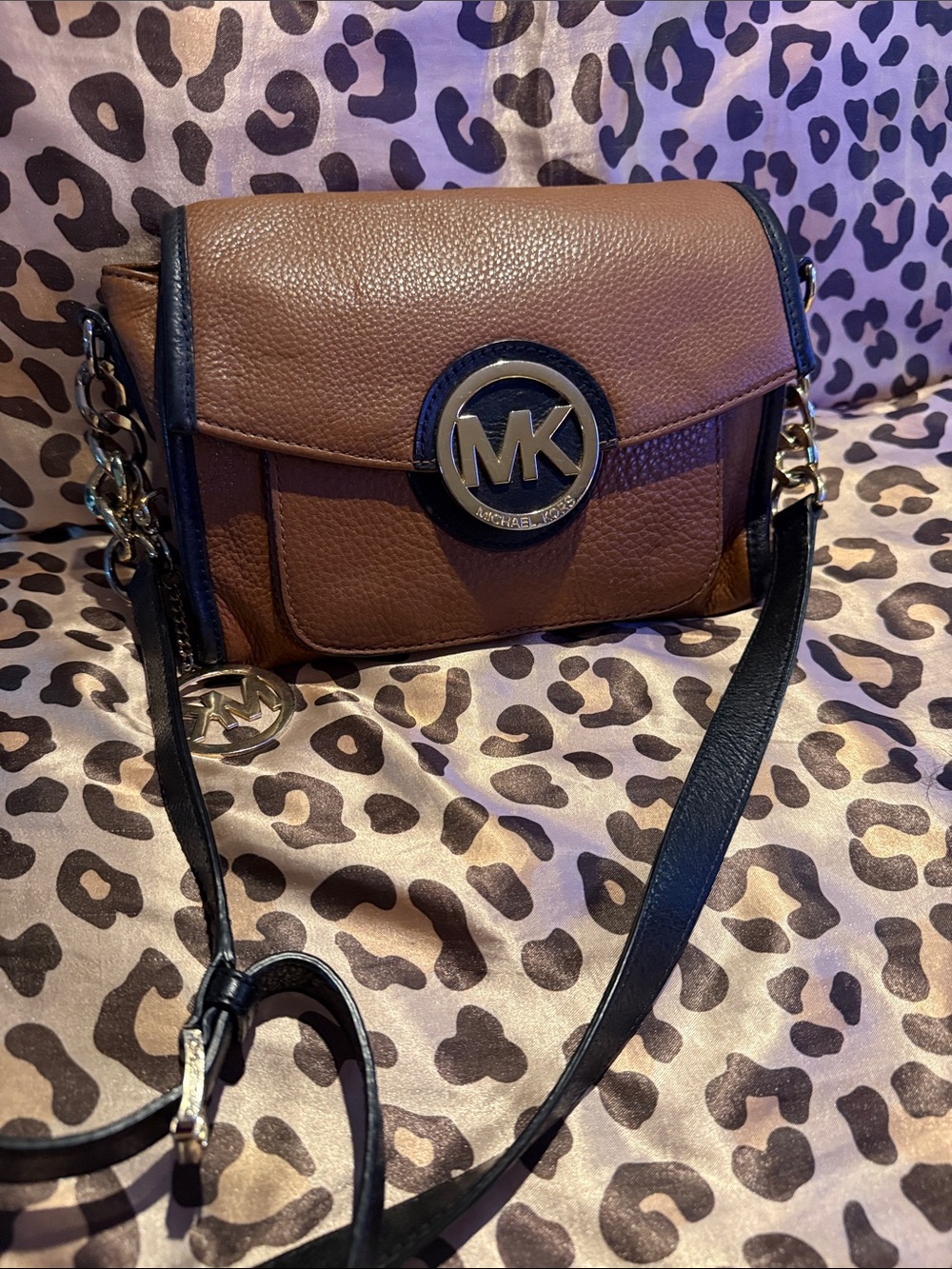 Michael Kors Brown Leather Crossbody with Black Trim & Gold MK Emblem